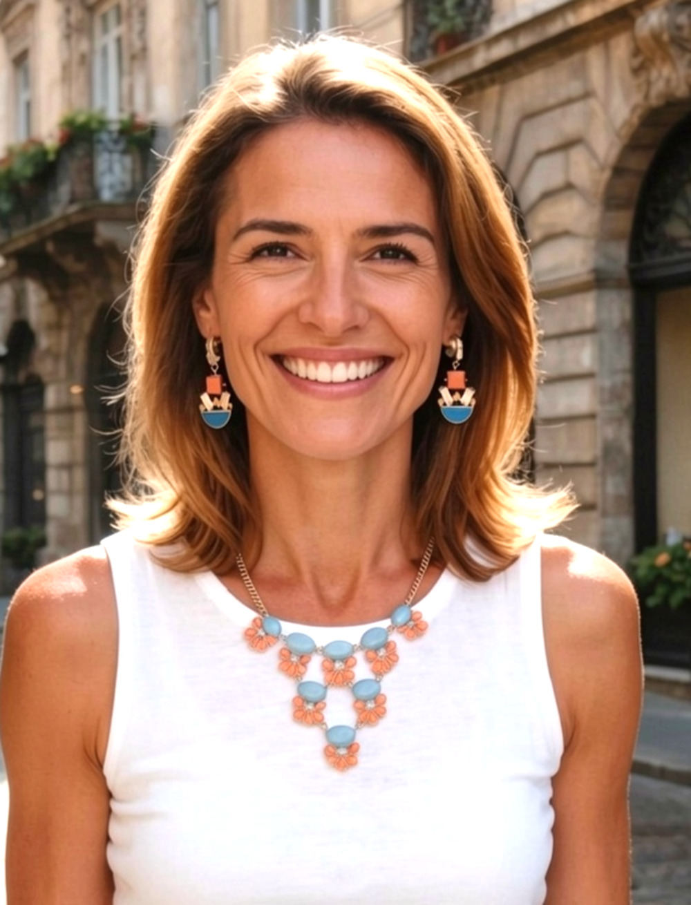 Chico's Turquoise and coral enamel gold Necklace with unbranded earrings